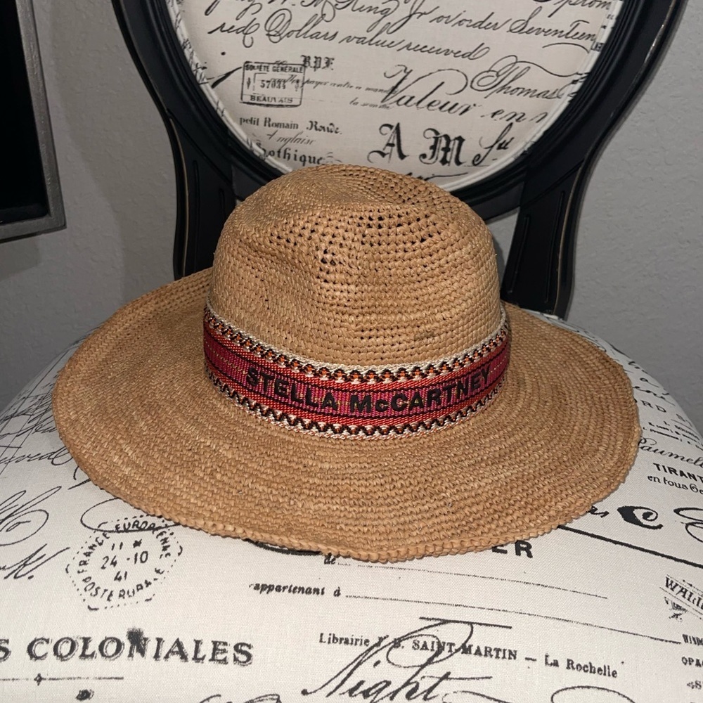 STELLA MCCARTNEY LOGO RAFFIA PANAMA TAN STRAW HAT RED STITCHED BAND SIZE: 56 - Picture 4 of 8